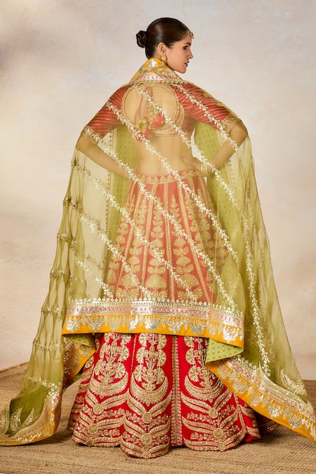 Shop_Masaba_Red , Organza, Badami Halwa Dori And Gota Embroidered Bridal Lehenga Set _at_Aza_Fashions