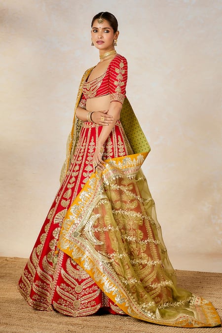 Masaba_Red , Organza, Badami Halwa Dori And Gota Embroidered Bridal Lehenga Set _Online_at_Aza_Fashions