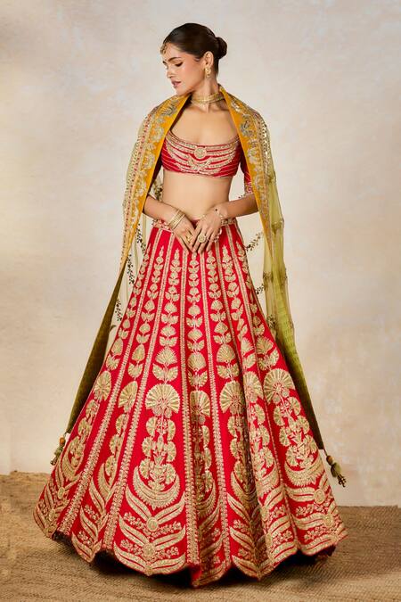 Buy_Masaba_Red , Organza, Badami Halwa Dori And Gota Embroidered Bridal Lehenga Set _Online_at_Aza_Fashions