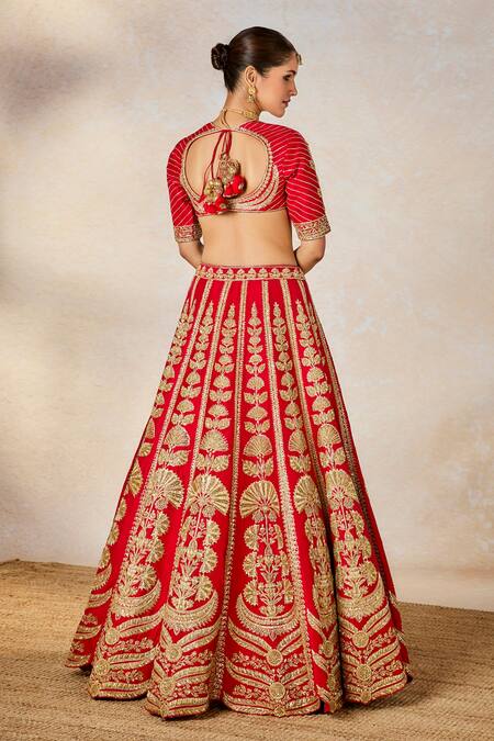 Shop_Masaba_Red , Organza, Badami Halwa Dori And Gota Embroidered Bridal Lehenga Set _Online_at_Aza_Fashions