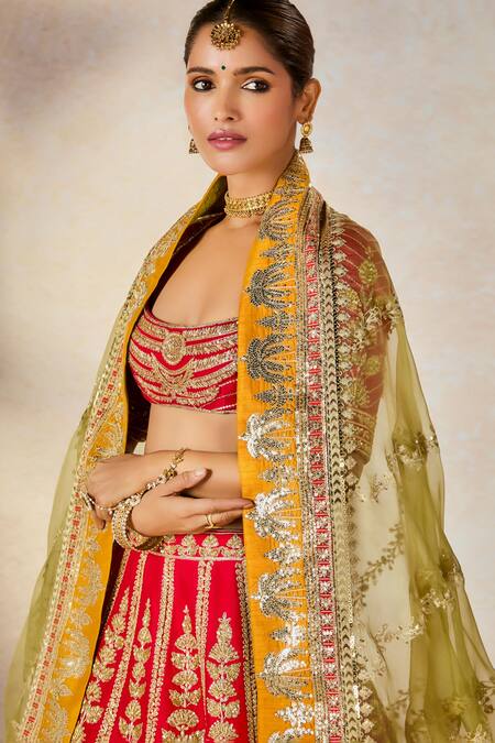 Masaba_Red , Organza, Badami Halwa Dori And Gota Embroidered Bridal Lehenga Set _at_Aza_Fashions