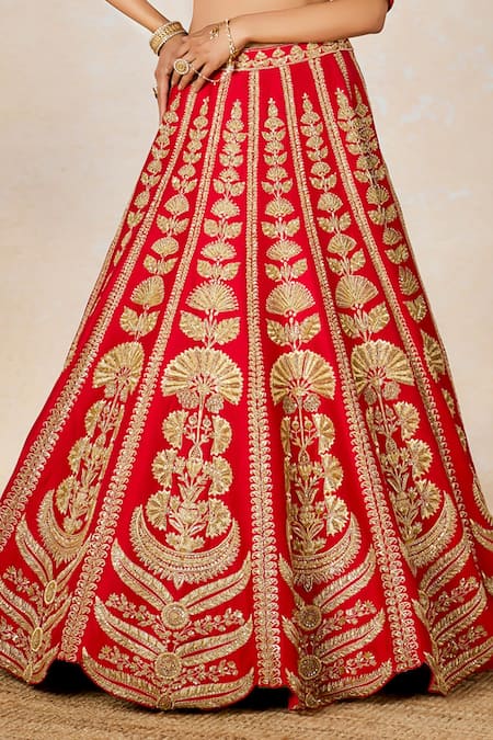 Shop_Masaba_Red , Organza, Badami Halwa Dori And Gota Embroidered Bridal Lehenga Set 
