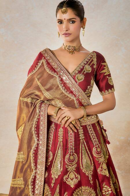 Shop_Masaba_Maroon Silk Organza, Hemp Embroidery, Cherry Gulab Kalash Bridal Lehenga Set _Online_at_Aza_Fashions