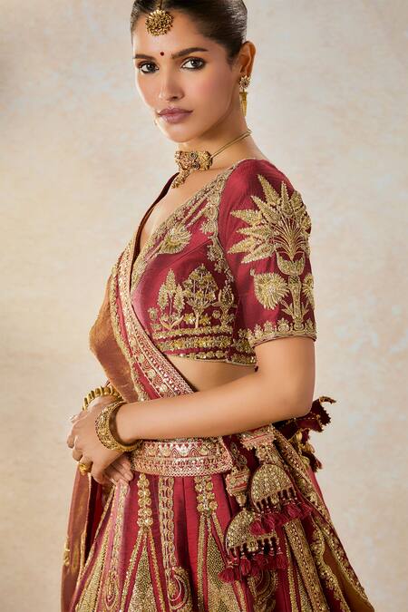 Masaba_Maroon Silk Organza, Hemp Embroidery, Cherry Gulab Kalash Bridal Lehenga Set _at_Aza_Fashions