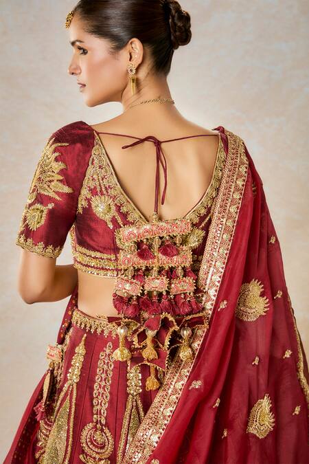 Buy_Masaba_Maroon Silk Organza, Hemp Embroidery, Cherry Gulab Kalash Bridal Lehenga Set 