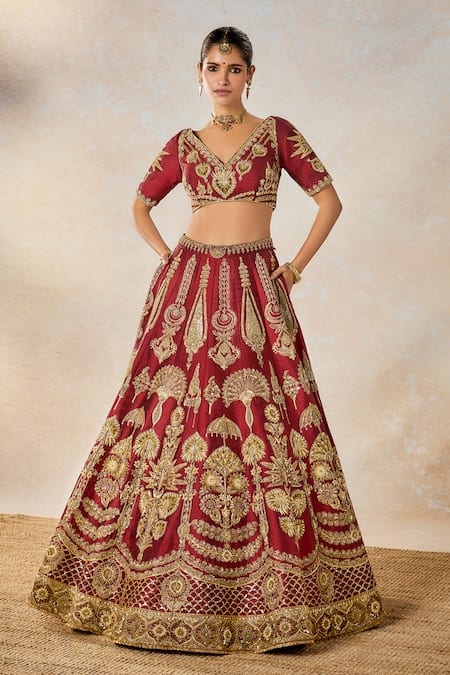 Shop_Masaba_Maroon Silk Organza, Hemp Embroidery, Cherry Gulab Kalash Bridal Lehenga Set 