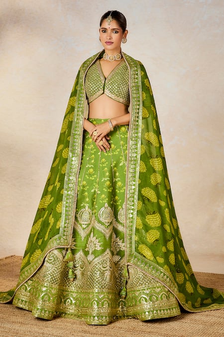 Masaba Green Heavy Raw Silk Soda Shikankji Chand Phool Print And Bridal Lehenga Set 