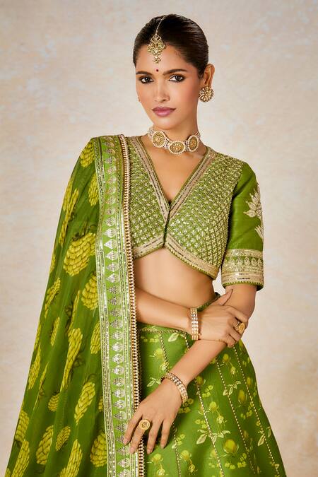 Masaba Green Silk Organza, Hemp, Soda Shikankji Chand Phool Print And Bridal Lehenga Set at Aza Fashions Masaba_Green Silk Organza, Hemp, Soda Shikankji Chand Phool Print And Bridal Lehenga Set _at_Aza_Fashions