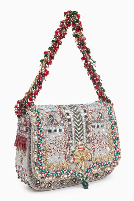 Doux Amour_Silver Mirrors, Zari, Embroidery Noor Bloom Zardozi And Marodi Handbag _Online_at_Aza_Fashions