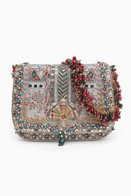 Shop_Doux Amour_Silver Mirrors, Zari, Embroidery Noor Bloom Zardozi And Marodi Handbag _Online_at_Aza_Fashions