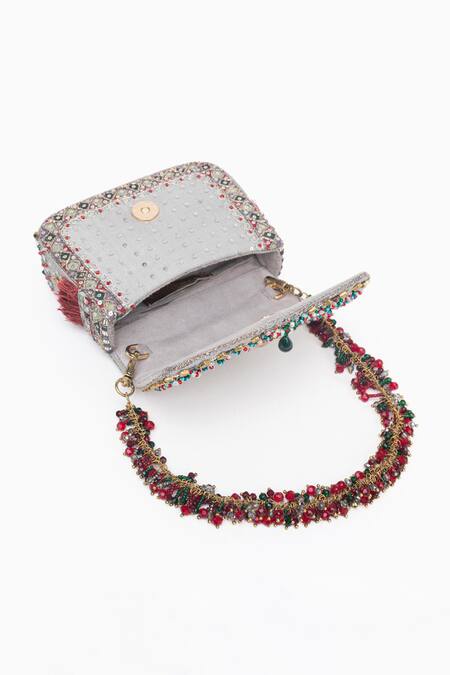 Doux Amour_Silver Mirrors, Zari, Embroidery Noor Bloom Zardozi And Marodi Handbag _at_Aza_Fashions
