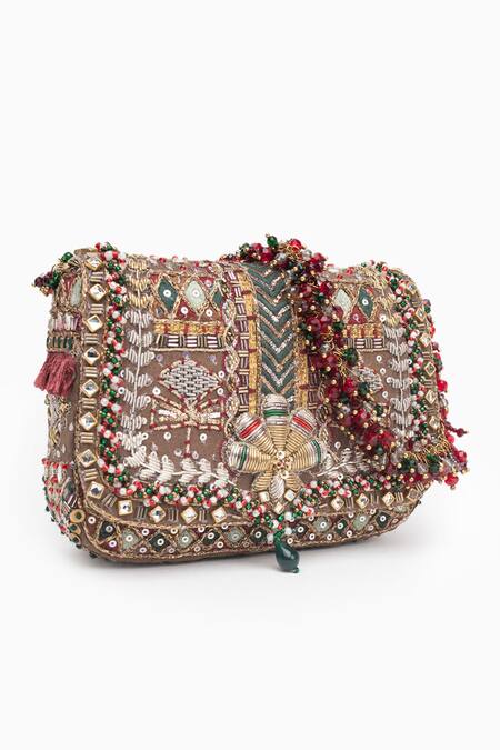 Doux Amour_Gold Zardozi Noor Bloom And Bugle Bead Embroidered Handbag _at_Aza_Fashions