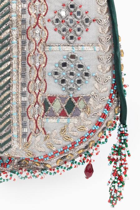 Buy_Doux Amour_Silver Zari, Mirrors, Beads Mira Fleur Zardozi And Marodi Embroidered Potli Bag _Online_at_Aza_Fashions