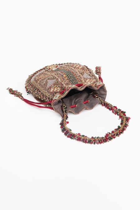 Shop_Doux Amour_Gold Mirrors, Zari, Embroidery Mira Fleur Zardozi And Bugle Bead Potli Bag _Online_at_Aza_Fashions