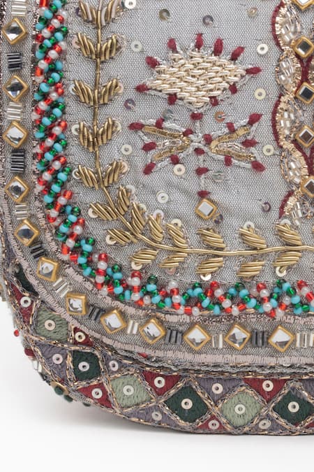 Doux Amour_Silver Zari, Mirrors, Beads Noor Blossom Zardozi And Marodi Embroidered Clutch Bag _Online_at_Aza_Fashions