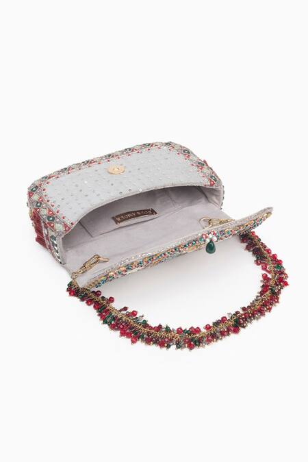 Buy_Doux Amour_Silver Zari, Mirrors, Beads Noor Blossom Zardozi And Marodi Embroidered Clutch Bag _Online_at_Aza_Fashions