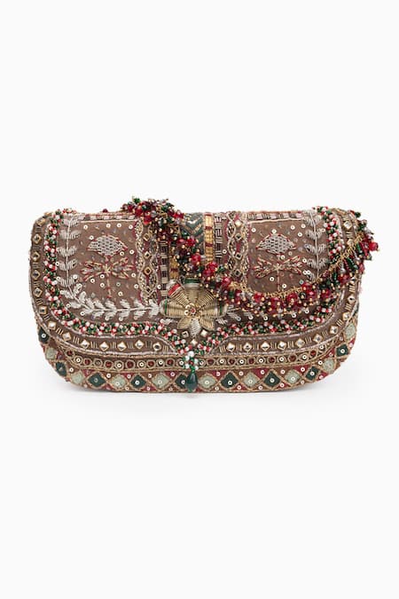 Buy_Doux Amour_Gold Mirrors, Zari Noor Bahar Zardozi And Marodi Embroidered Clutch Bag _Online_at_Aza_Fashions