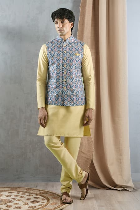 Aryavir Malhotra Blue Bundi Soft Cotton Threadwork Floral Kurta Set 