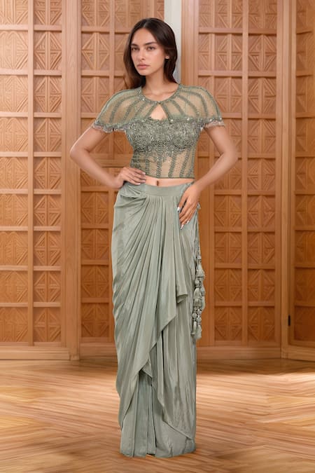 Samyukta Singhania Green Net Embroidery Sequin Round Neck Ivy Vine Cape Draped Skirt Set 