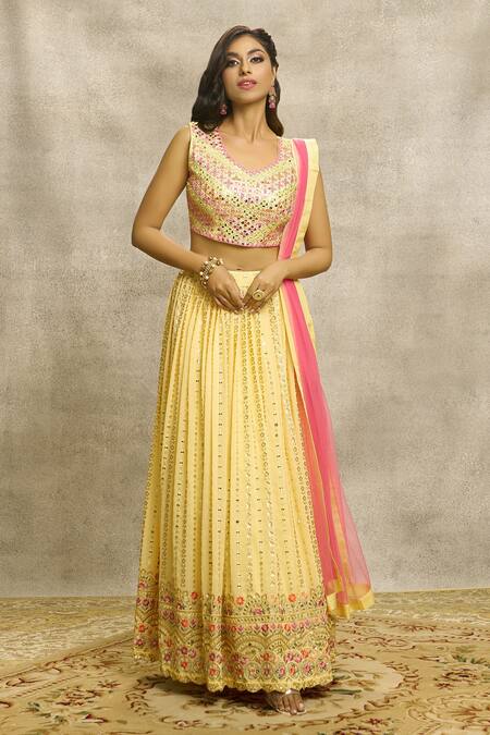 Buy_Ariyana By Aza_Yellow Silk, Net, Viscose Sequins, Mirrors, Embroidery Boat Neck Lehenga Set 