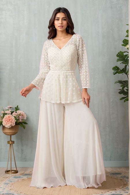 Alaya Advani Ivory Tunic Net Hand Embroidered Dana V Neck Floral Peplum Palazzo Set 