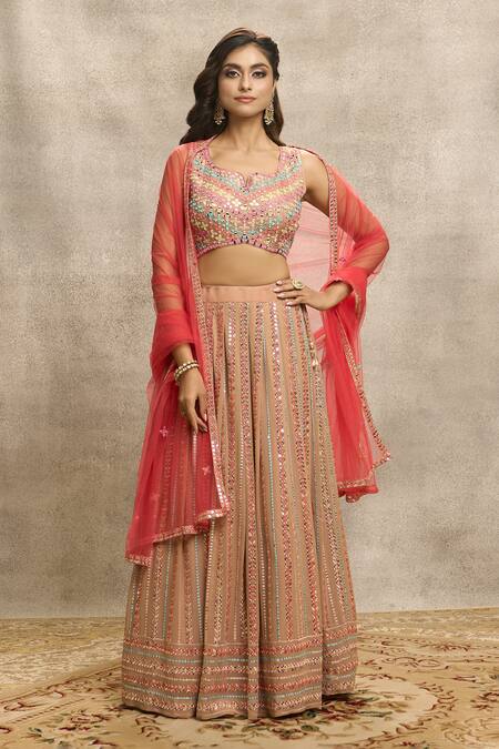 Buy_Aariyana Couture_Brown Silk, Viscose, Net Mirrors, Sequins Stripe Embroidered Lehenga Set