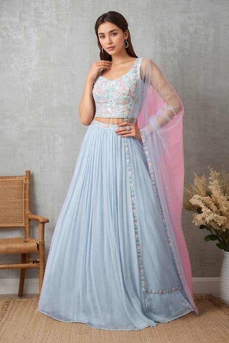 Alaya Advani Blue Lehenga Georgette Embroidered Sequin Sweetheart Embellished Pleated Set 