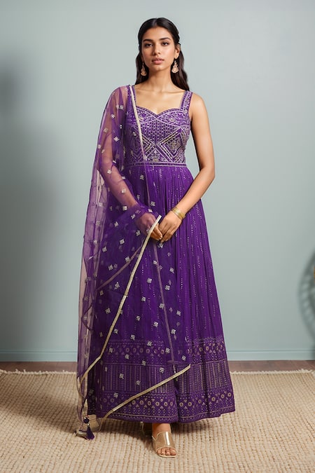 Alaya Advani Purple Anarkali Georgette Embroidered Hand Mirror Work With Dupatta 