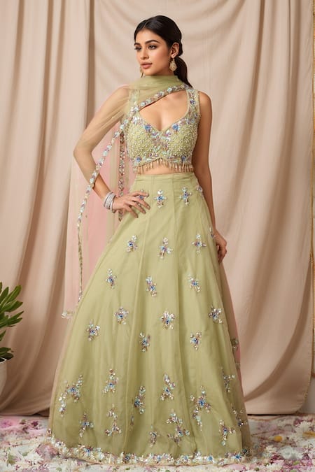 Alaya Advani Green Blouse And Dupatta Net Hand Work Cutdana Leaf Floral Booti Lehenga Set 