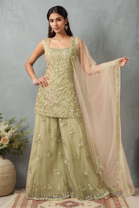 Alaya Advani Green Sharara And Dupatta Net Embroidered Pearl Scoop Floral Hand Kurta Set 