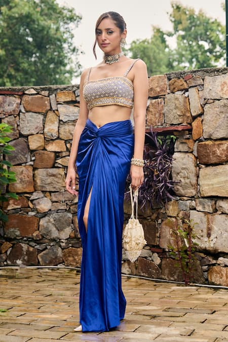 Buy Ohaila Khan Blue Satin Beads, Mirrors Square Neck Zhaleh Embroidered Blouse And Skirt Set Online at Aza Fashions Buy_Ohaila Khan_Blue Satin Beads, Mirrors Square Neck Zhaleh Embroidered Blouse And Skirt Set _Online_at_Aza_Fashions