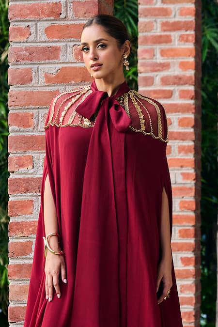 Ohaila Khan_Red Crepe Pearls, Sequins, Beads High Neck Yoke Embroidered Kaftan _Online_at_Aza_Fashions