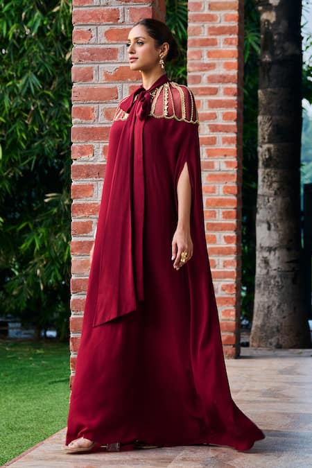 Buy_Ohaila Khan_Red Crepe Pearls, Sequins, Beads High Neck Yoke Embroidered Kaftan _Online_at_Aza_Fashions