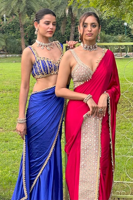 Ohaila Khan_Red Satin Pearls, Mirrors, Beads Dilnaz Border Embellished Saree With Blouse _Online_at_Aza_Fashions