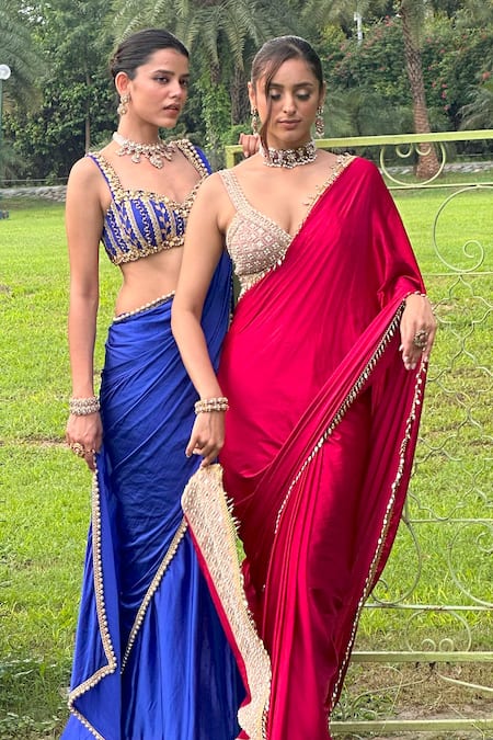 Buy_Ohaila Khan_Red Satin Pearls, Mirrors, Beads Dilnaz Border Embellished Saree With Blouse _Online_at_Aza_Fashions