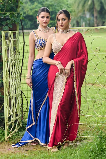 Shop_Ohaila Khan_Red Satin Pearls, Mirrors, Beads Dilnaz Border Embellished Saree With Blouse _Online_at_Aza_Fashions