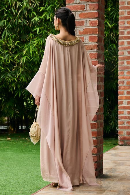 Ohaila Khan Beige Organza, Crepe Pearls Boat Neck Niloufar Neckline Embellished Kaftan Online at Aza Fashions Ohaila Khan_Beige Organza, Crepe Pearls Boat Neck Niloufar Neckline Embellished Kaftan _Online_at_Aza_Fashions