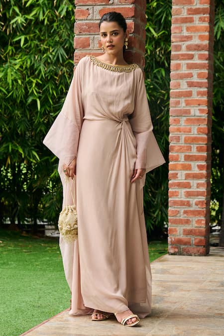 Buy Ohaila Khan Beige Organza, Crepe Pearls Boat Neck Niloufar Neckline Embellished Kaftan Online at Aza Fashions Buy_Ohaila Khan_Beige Organza, Crepe Pearls Boat Neck Niloufar Neckline Embellished Kaftan _Online_at_Aza_Fashions