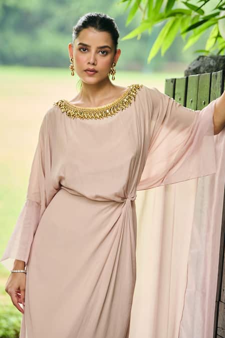 Ohaila Khan Beige Organza, Crepe Pearls Boat Neck Niloufar Neckline Embellished Kaftan at Aza Fashions Ohaila Khan_Beige Organza, Crepe Pearls Boat Neck Niloufar Neckline Embellished Kaftan _at_Aza_Fashions