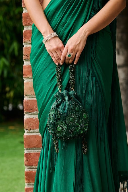 Buy_Ohaila Khan_Emerald Green Chiffon Beads, Razan Pre-draped Saree With Embellished Blouse _Online_at_Aza_Fashions