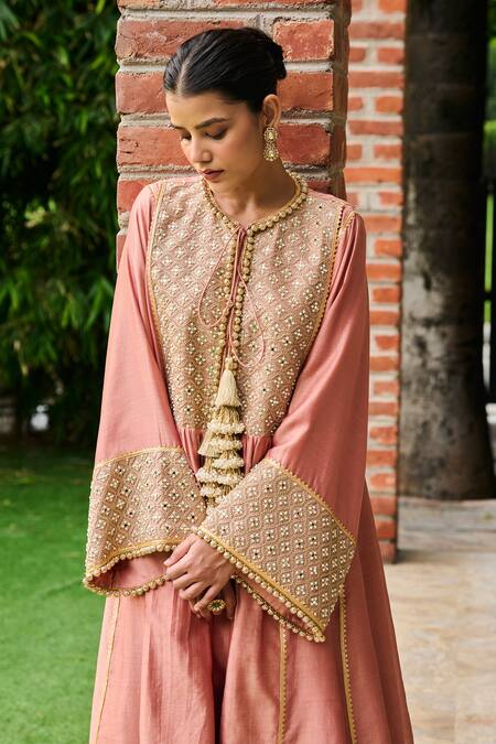 Buy_Ohaila Khan_Pink Chanderi Mirrors, Beads Keyhole Avalie Yoke Embellished Kurta And Pant Set _Online_at_Aza_Fashions