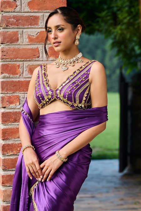 Ohaila Khan_Purple Satin Pearls Scoop Zhavia Border Embellished Pre-draped Saree With Blouse _Online_at_Aza_Fashions