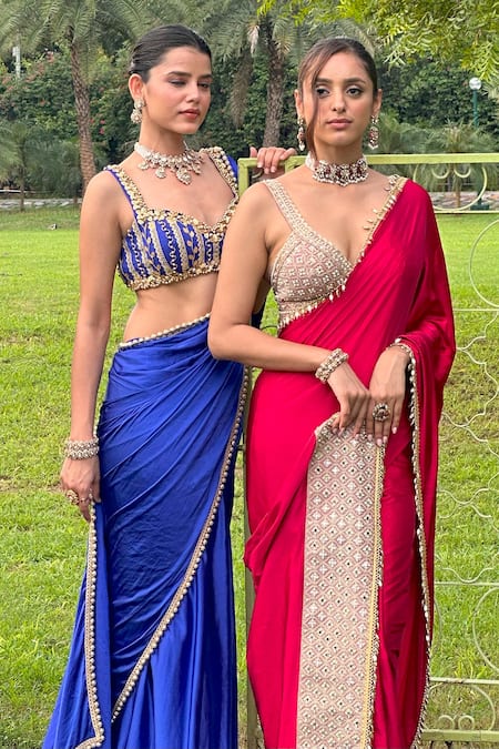 Ohaila Khan_Blue Satin Pearls Sweetheart Neck Ghazal Border Embellished Saree With Blouse _Online_at_Aza_Fashions