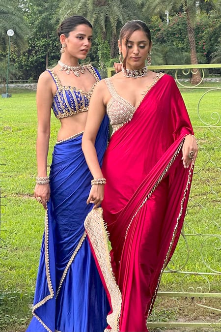 Buy_Ohaila Khan_Blue Satin Pearls Sweetheart Neck Ghazal Border Embellished Saree With Blouse _Online_at_Aza_Fashions