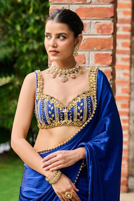 Shop_Ohaila Khan_Blue Satin Pearls Sweetheart Neck Ghazal Border Embellished Saree With Blouse _Online_at_Aza_Fashions