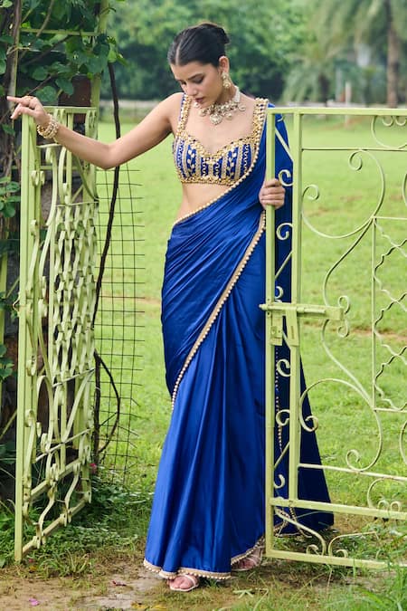 Buy_Ohaila Khan_Blue Satin Pearls Sweetheart Neck Ghazal Border Embellished Saree With Blouse 