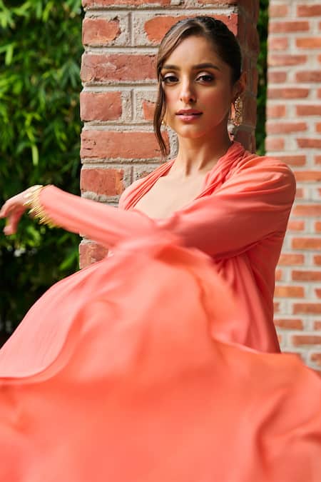 Buy Ohaila Khan Coral Crepe Mirrors, Beads, Crystals Square Neck Mahnaz Work Dress With Cape Online at Aza Fashions Buy_Ohaila Khan_Coral Crepe Mirrors, Beads, Crystals Square Neck Mahnaz Work Dress With Cape _Online_at_Aza_Fashions