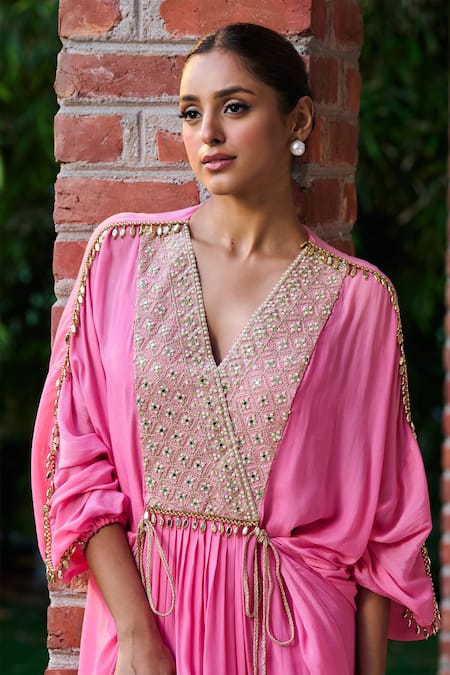 Ohaila Khan_Pink Crepe Beads, Mirrors V-neck Yoke Embellished Kaftan _Online_at_Aza_Fashions