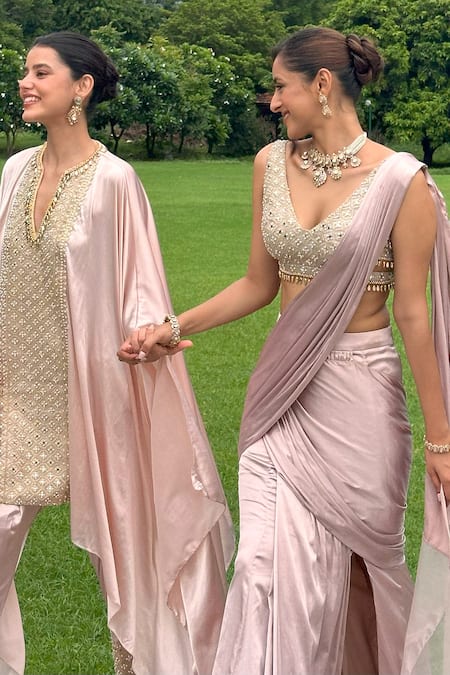 Ohaila Khan_Beige Satin Mirrors, Beads Tara Pre-stitched Saree With Embellished Blouse _Online_at_Aza_Fashions