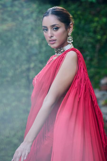 Ohaila Khan_Red Chiffon Beads, Sequins, Diar Fringe Bordered Pre-draped Saree With Blouse _Online_at_Aza_Fashions